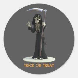 Trick or Treat. Cartoon Grim Reaper Runder Aufkleber