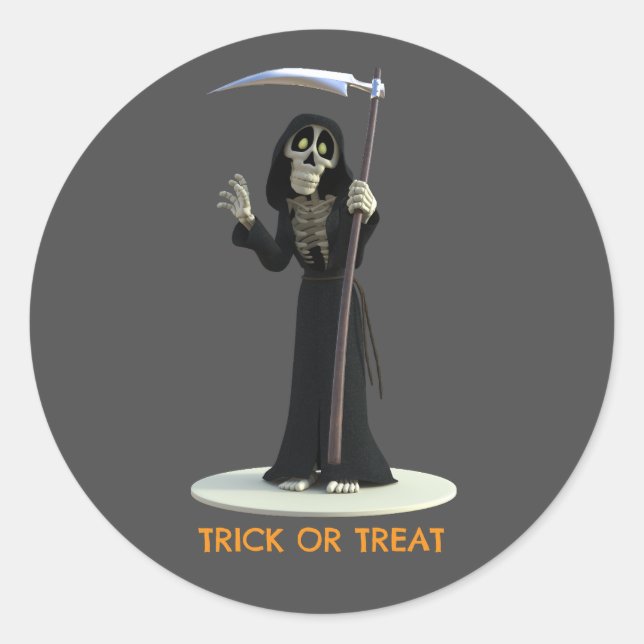 Trick or Treat. Cartoon Grim Reaper Runder Aufkleber (Vorderseite)