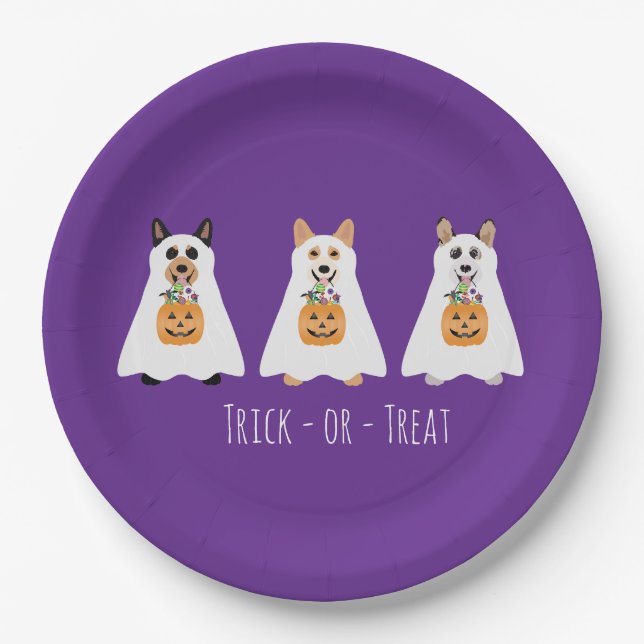 Trick or Treat Corgi Ghost Hunde Halloween Pappteller (Vorderseite)