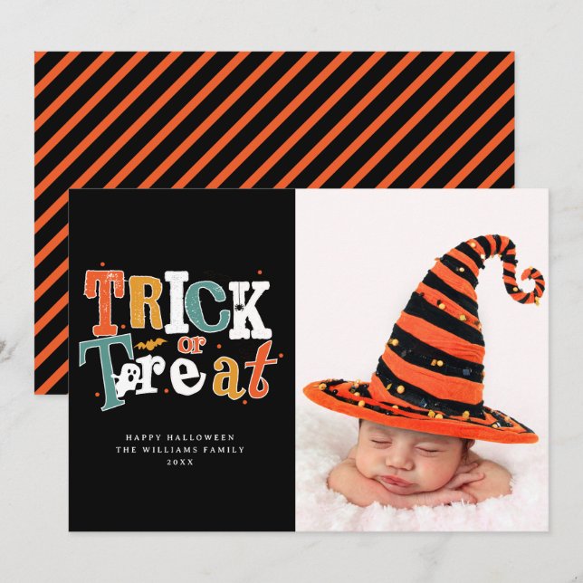 Trick or Treat Happy Halloween Foto Karte (Vorne/Hinten)