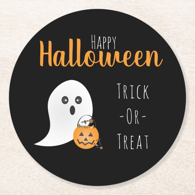 Trick or Treat Happy Halloween Ghost Spooky Runder Pappuntersetzer (Vorderseite)