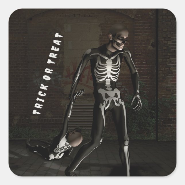 Trick or Treat. Man dressed as skeleton Quadratischer Aufkleber (Vorderseite)