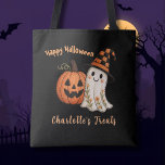 Trick or Treat Pumpkin Ghost Halloween Tasche<br><div class="desc">This charming (and slightly scary) faux embroidered Black and Orange Trick and Treat Tote Bag is a charmer -- with a friendly ghost hovering next to and happy pumpkin -- both well dressed for their special evening. With Fun script for "Happy Halloween" and personalized with the trick-or-treater's name, this will...</div>