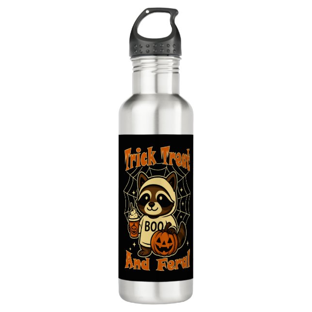 Trick Treat and Feral Cute Halloween Edelstahlflasche (Vorderseite)