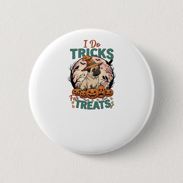 Tricks Behandlungen Halloween Mops Hexenhut Kürbis Button (Vorderseite)