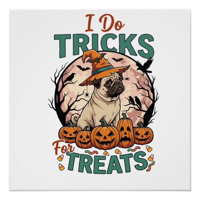 Tricks Behandlungen Halloween Mops Hexenhut Kürbis Poster (Vorderseite)