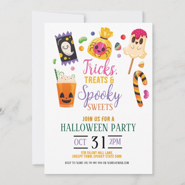 Tricks Leckereien Halloween Süßigkeiten lädt Party Einladung (Vorderseite)