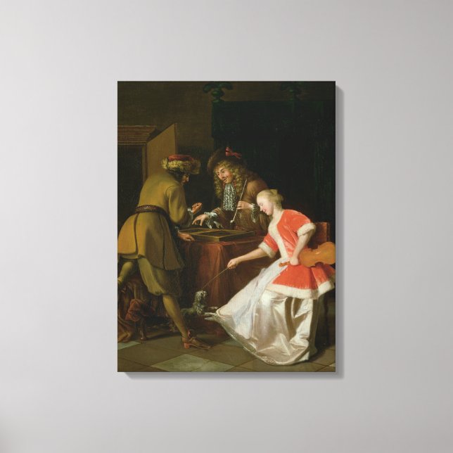 Tricktrackspieler mit einer Dame und ihrem Hund Leinwanddruck (Vorderseite)