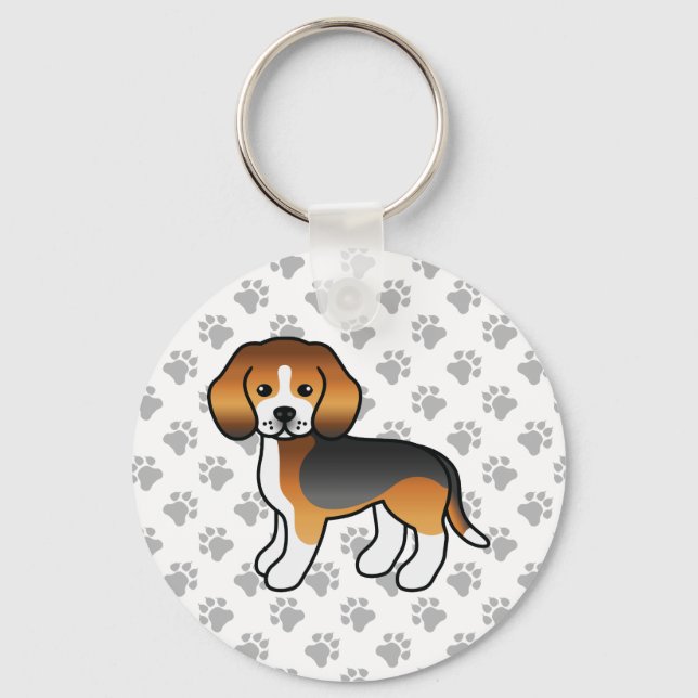 Tricolor Beagle Hund Niedliche Illustration & Paws Schlüsselanhänger (Vorderseite)