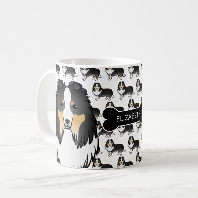 Tricolor Cartoon Sheltie mit Dogenknochen und Name Kaffeetasse (Vorderseite Links)