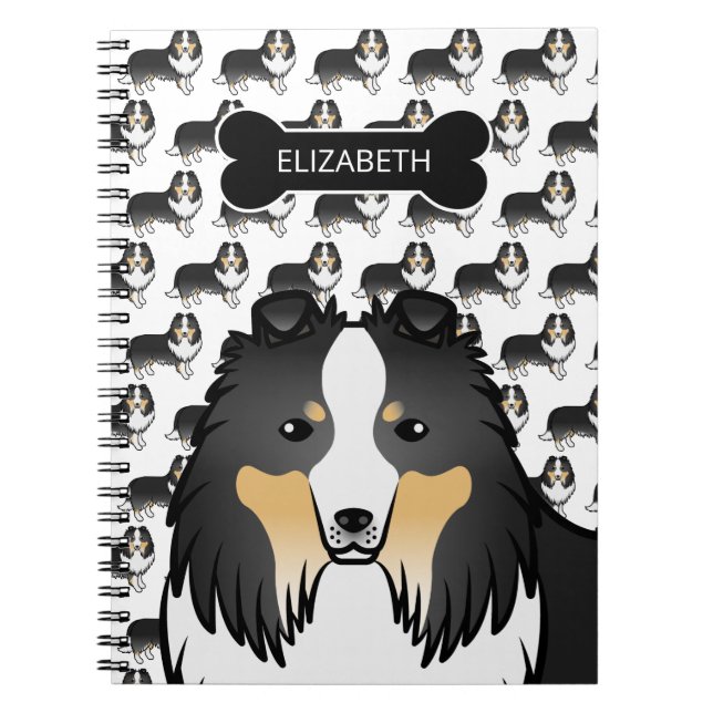 Tricolor Cartoon Sheltie mit Dogenknochen und Name Notizblock (Vorderseite)