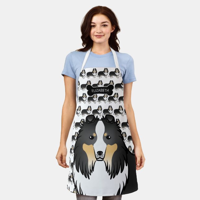 Tricolor Cartoon Sheltie mit Dogenknochen und Name Schürze (Getragen)