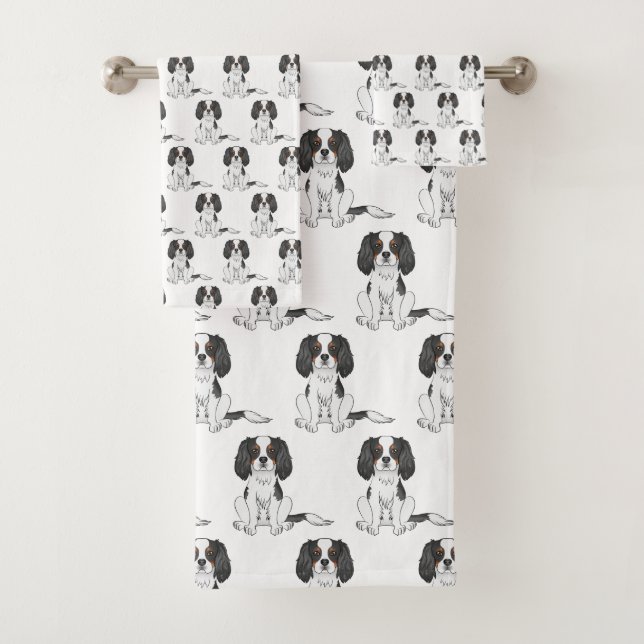 Tricolor Cavalier King Charles Spaniel Dog Pattern Badhandtuch Set (Insitu)