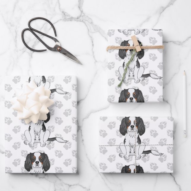 Tricolor Cavalier King Charles Spaniel Dog Pattern Geschenkpapier Set (Vorderseite)