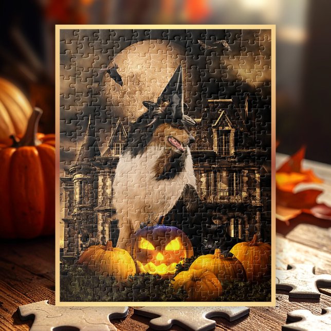 Tricolor Collie Sorcerer & Pumpkins, Halloween - (Preview shows 11x14" Puzzle. Looks perfect on all vertical or square sizes. )