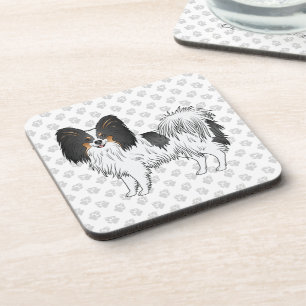 Tricolor Papillon Cartoon Dog auf grauem Muster Getränkeuntersetzer
