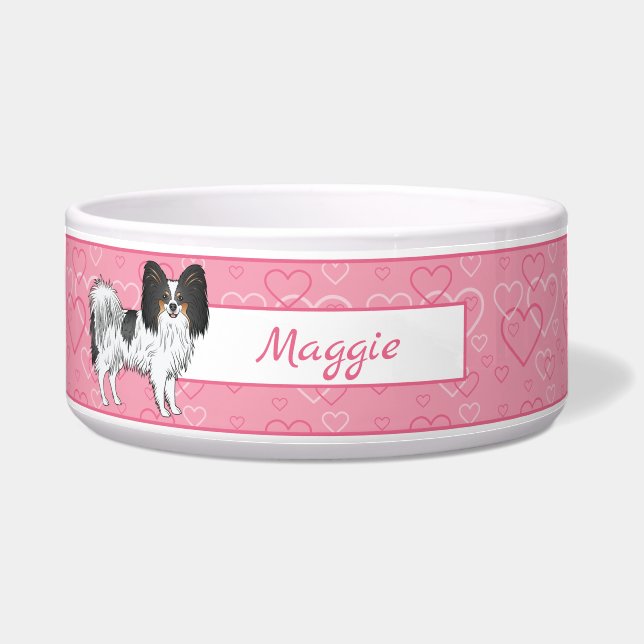 Tricolor Papillon Happy Niedlich Dog On Pink Heart Napf (Vorderseite)