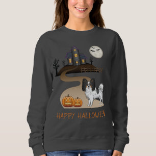 Tricolor Papillon Hund und Halloween Spukhaus Sweatshirt