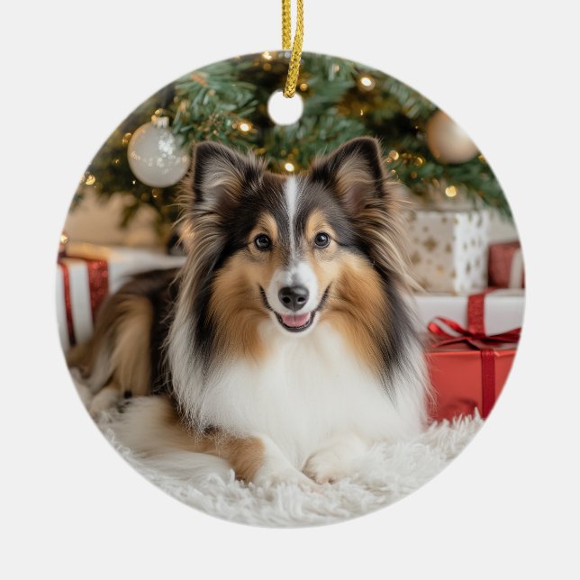 Tricolor Sheltie Christmas Keramik Ornament (Vorne)