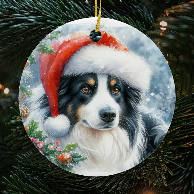 Trikolore Border Collie Weihnachtsmannmütze Weihna Keramik Ornament (Von Creator hochgeladen)