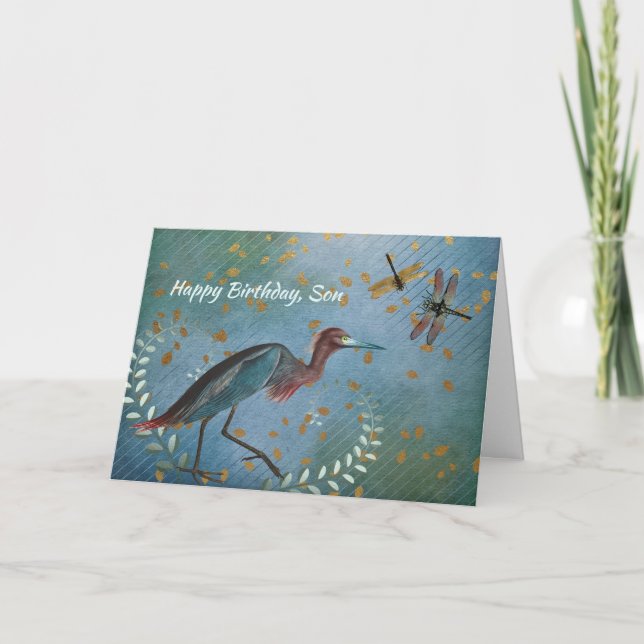 Trikolore Heron and Dragonflies Birthday Karte (Vorderseite)