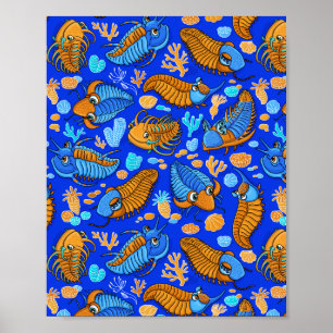 Trilobites on dark blue background (kids pattern) poster