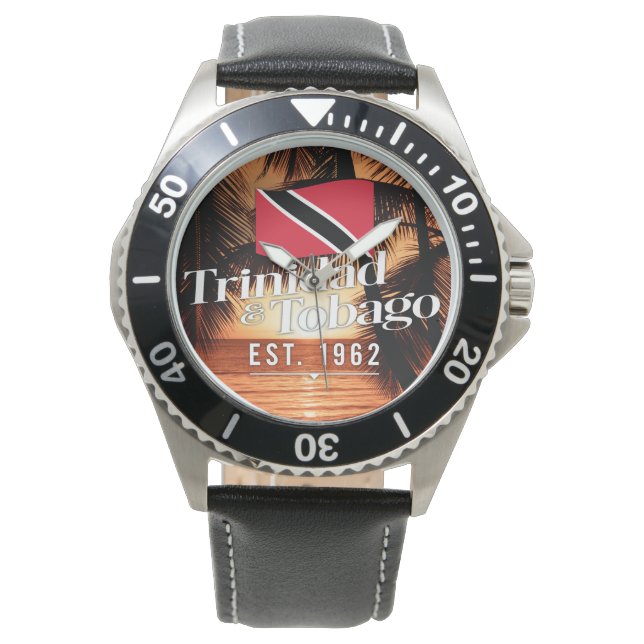 "Trinidad & Tobago Est. 1962" Sunset With Flag Armbanduhr (Vorderseite)