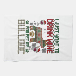 Trinke Wein Bulldogge Hund hässlicher Pullover Wei Geschirrtuch