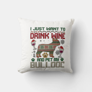 Trinke Wein Bulldogge Hund hässlicher Pullover Wei Kissen