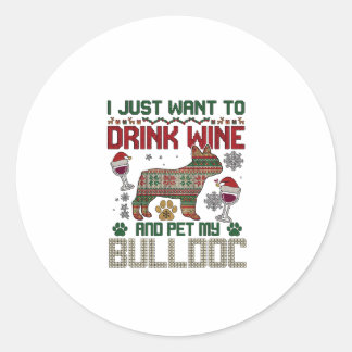 Trinke Wein Bulldogge Hund hässlicher Pullover Wei Runder Aufkleber
