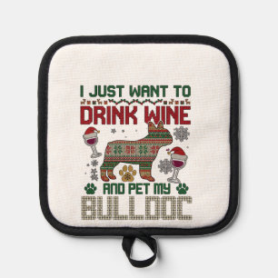 Trinke Wein Bulldogge Hund hässlicher Pullover Wei Topflappen