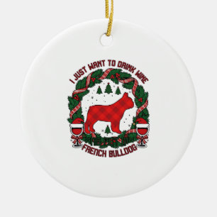 Trinke Wein Französische Bulldogge Hund Rot karier Keramik Ornament