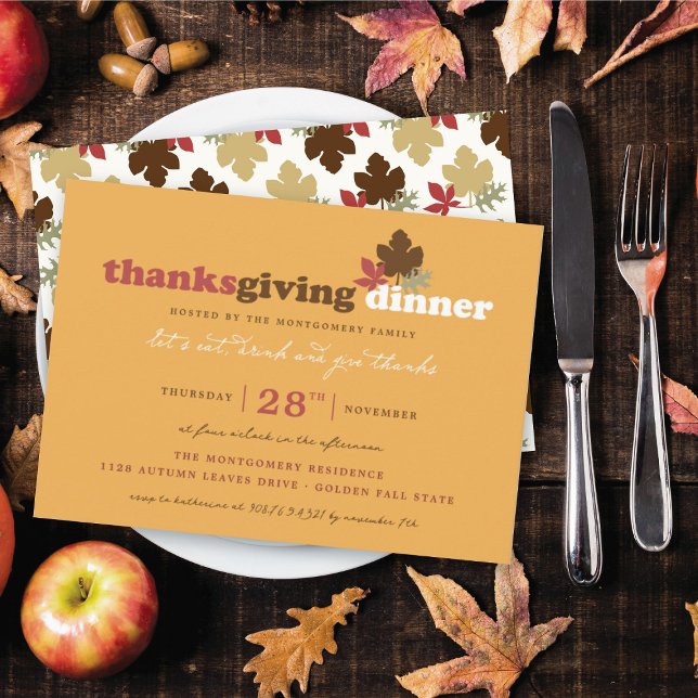 Trinken Sie trinken und danken Sie Blätter Ernteda Einladung (Let's Eat, Drink & Give Thanks Leaves Thanksgiving Dinner Party Invitation @ fat_fa_tin)