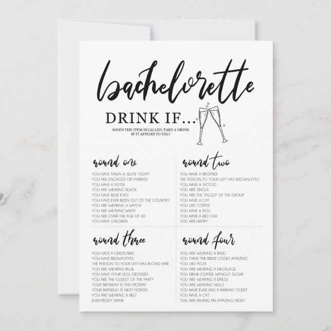 Trinken Sie, wenn Bachelorette-Spielkarte Einladung (Rückseite)