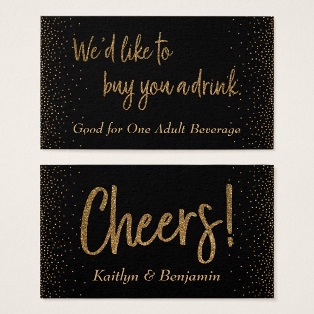 Trinkkarten, Gold Glitzer Script & Confetti (Vorne & Hinten)