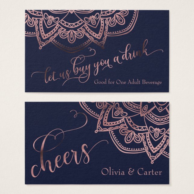 Trinkkarten, Rose Gold Mandala auf Navy Blue (Vorne & Hinten)