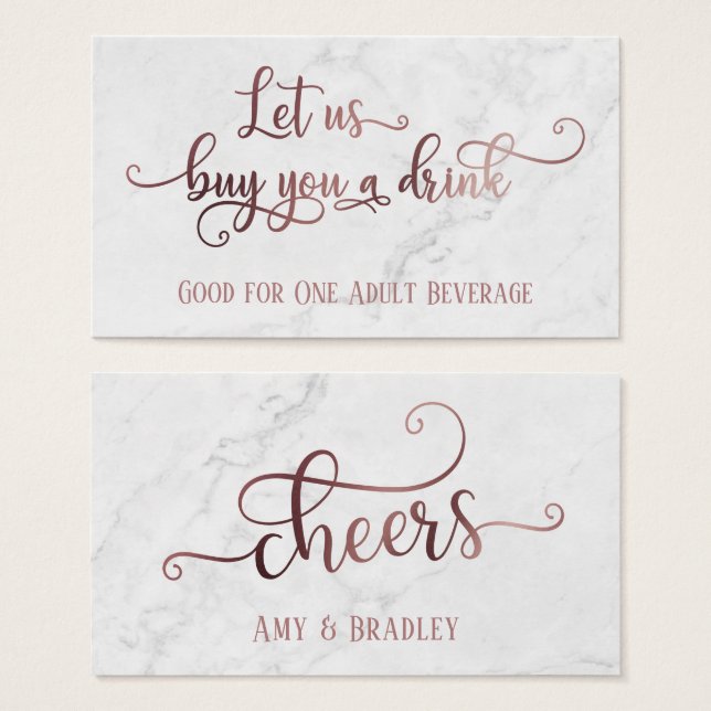 Trinkkarten| Rose Gold Script mit weißem Marmor (Vorne & Hinten)