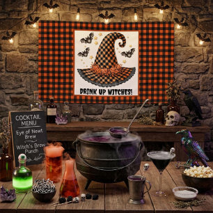 Trinkt auf Hexen Gingham Halloween Hexenhut Banner