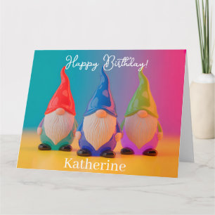 Trio aus glänzenden Keramik-Gnomfiguren mit Namen Karte