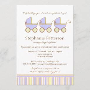 Trio Carriage Triplet Baby Boys Shower Invitation