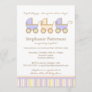 Trio Carriage Triplet Girl Boys Einladung