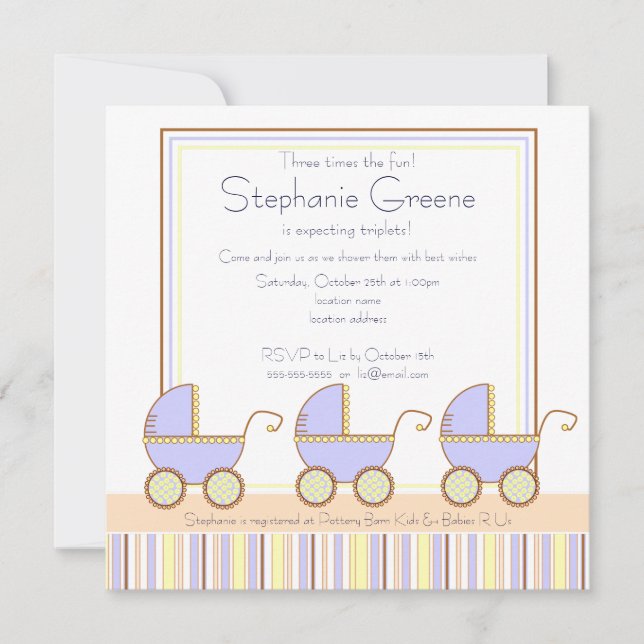 Trio Carriage Triplets Boy Baby Shower Einladung (Vorderseite)
