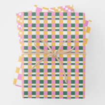 Trio de papier cadeau à carreaux rose et or