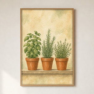 Trio de Pots d'Herbes Affiche d'Art à l'Aquarelle