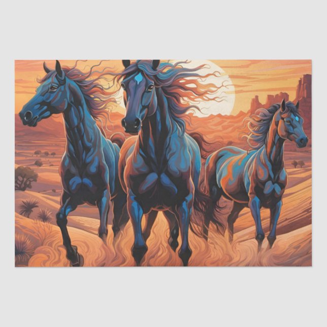 Trio der Wilden Pferde in der Wüste bei Sonnenunte Seidenpapier (Vorderseite)
