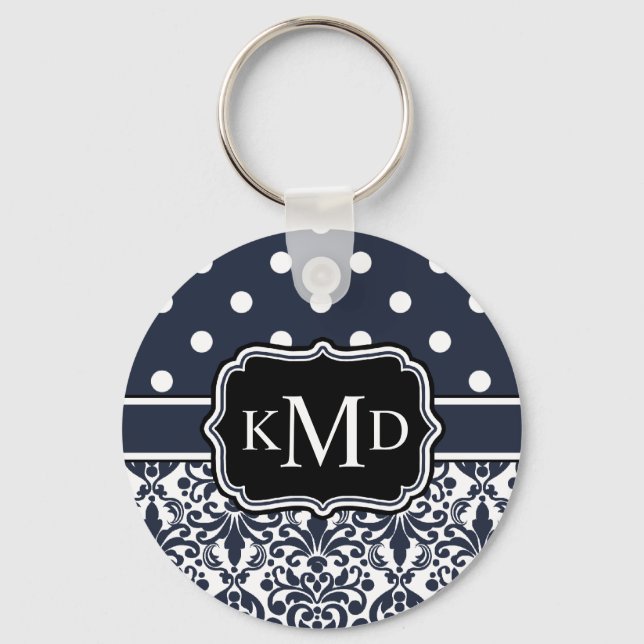 Trio Mit Monogramm Navy Damask Schlüsselanhänger (Vorderseite)