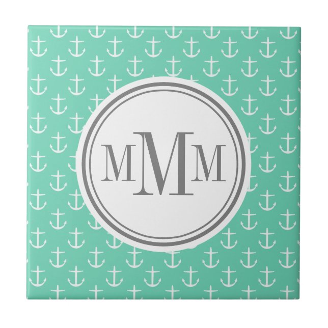Trio Monogram Minze White Anchor Muster Fliese (Vorderseite)