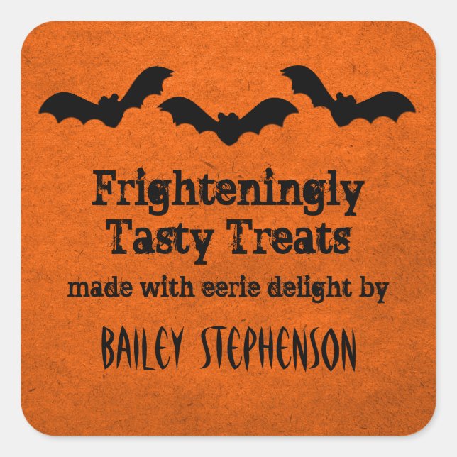 Trio of Bats Halloween Baking Stickers, Orange Quadratischer Aufkleber (Vorderseite)