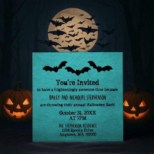 Trio of Bats Halloween-Party Einladung, Aquamarin Einladung (Teal Trio of Bats Halloween Party Invitation)