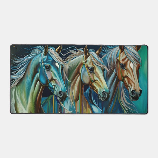 Trio of Horses Aquamarin blaugrün braun Schreibtischunterlage (Vorderseite)